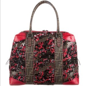 MSRP $4500 Fendi Zucca Coated Canvas and Red Python Trim Sequined Bag